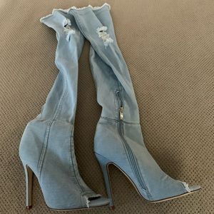 Thigh high open toe distressed jean boots